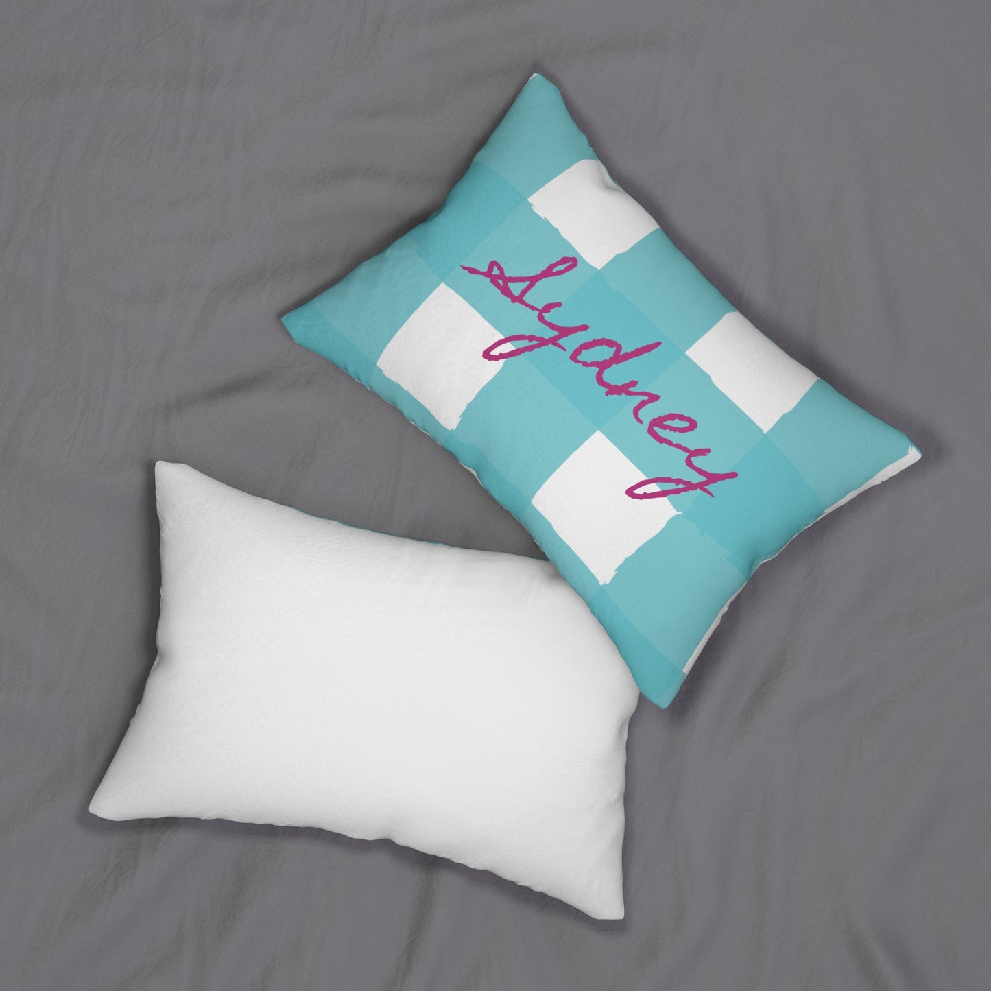 Personalized Charming Checkered: Aqua & White Lumbar Pillow