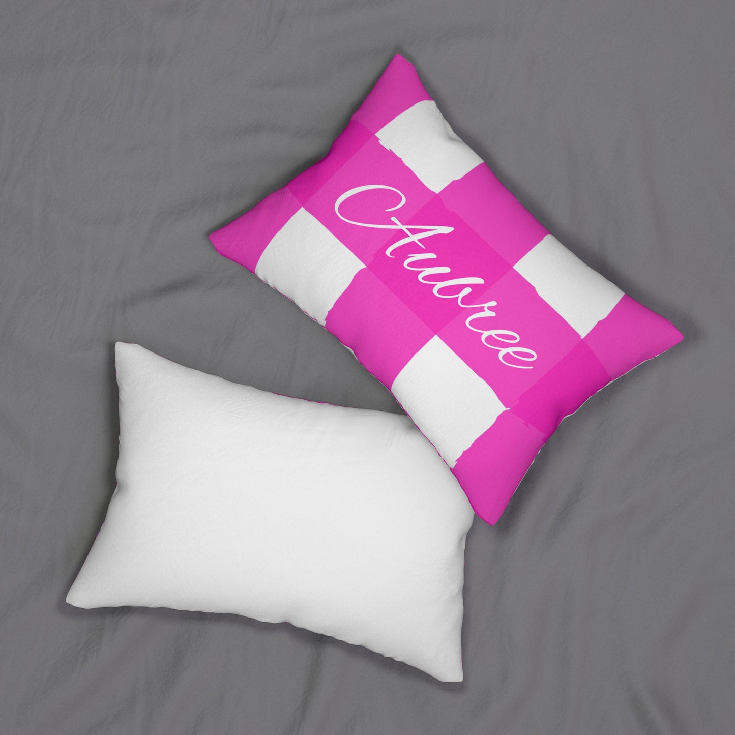 Personalized Charming Checkered: Hot Pink & White Lumbar Pillow