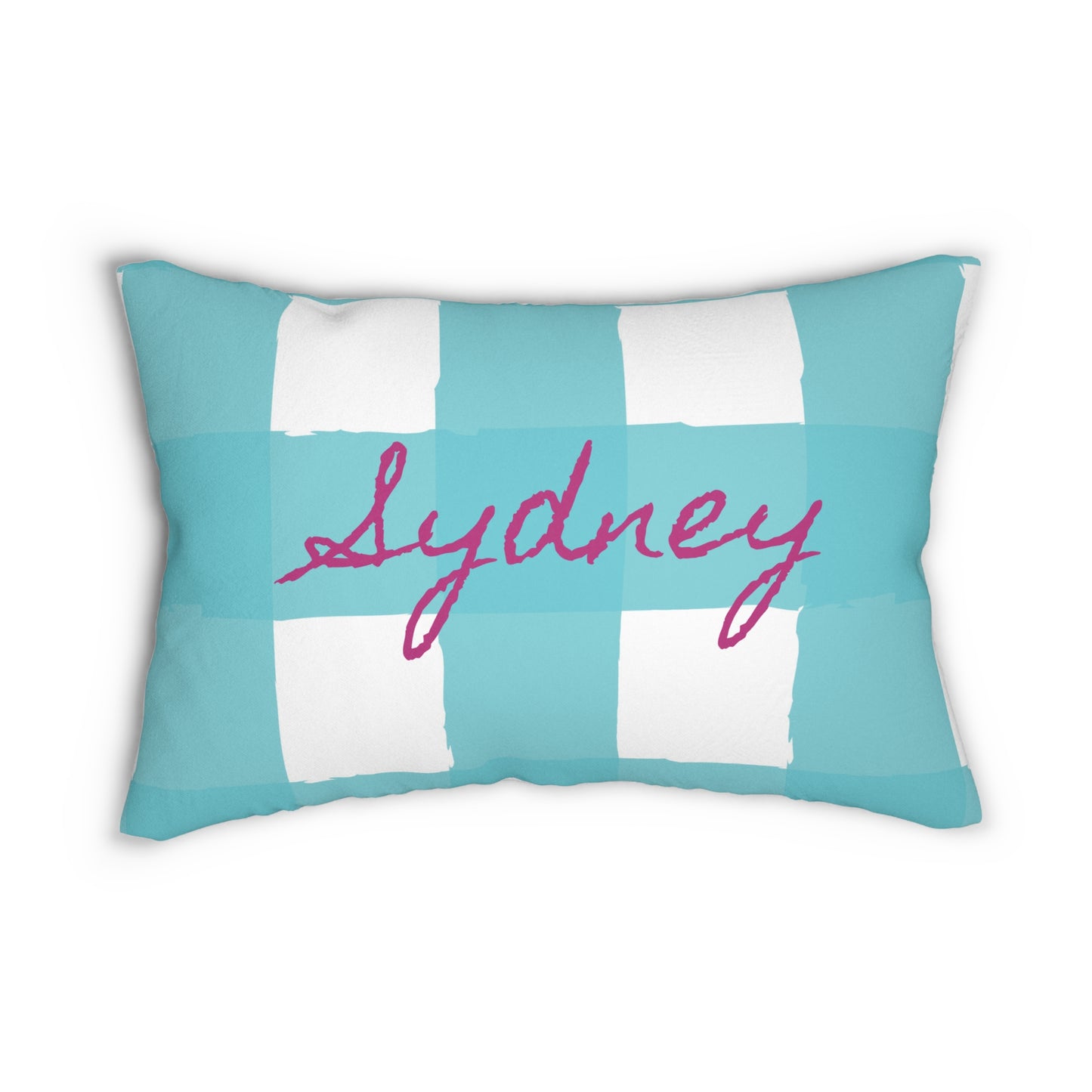 Personalized Charming Checkered: Aqua & White Lumbar Pillow