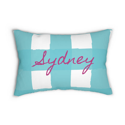 Personalized Charming Checkered: Aqua & White Lumbar Pillow