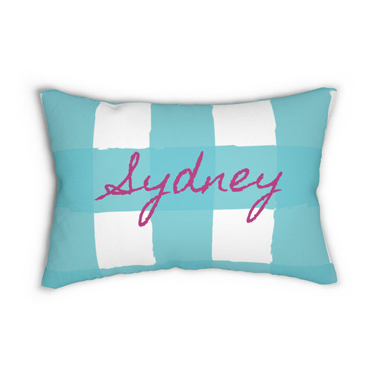 Personalized Charming Checkered: Aqua & White Lumbar Pillow