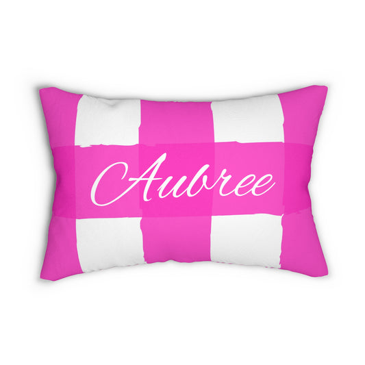 Personalized Charming Checkered: Hot Pink & White Lumbar Pillow